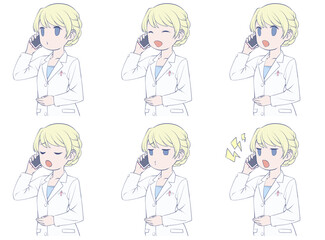スマホで電話をかける金髪の女性薬剤師。様々な表情6種類セット