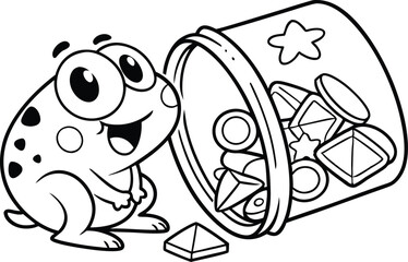 Cartoon Frog with Bucket Filled Shapes on Transparent Background, Outline Clip Art