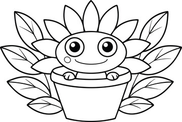 Cartoon Sunflower in Pot with Leaves Outline, Black and White Cute Character