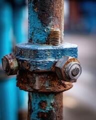 A close-up of a rusted metal pipe joint with a blue surface, showcasing corrosion and aged hardware elements.