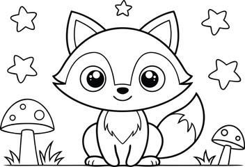 Outline Fox Sitting with Mushrooms and Stars with Transparent Background