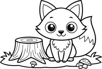 Outline fox sits by tree stump with mushrooms in black and white line