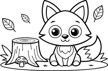 Cartoon Fox Sitting near Tree Stump, Mushroom, and Leaves. Outlined Illustration
