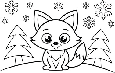 Cartoon fox sitting outline, winter trees, snowflakes on white background
