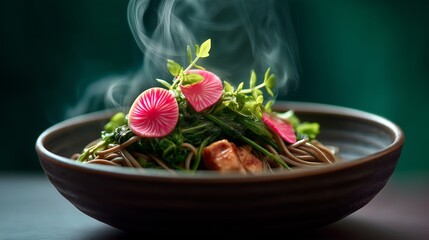 春野菜と桜餅が載った春そば、湯気立ち昇るアップ、食欲そそる清潔なスタイル