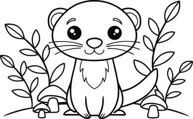 Cartoonish Otter Outline with Plants and Mushrooms, Isolated on White