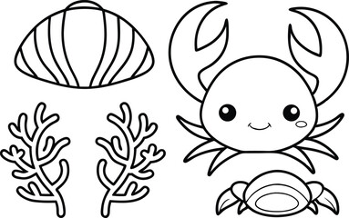 Cute Cartoon Crab with Coral and Seashell Outline on Transparent Background