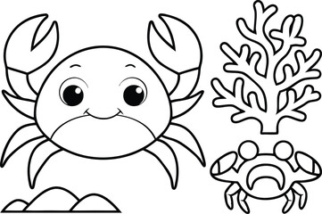 Black Line Drawing Cartoon Crabs and Coral on Transparent Background for coloring book