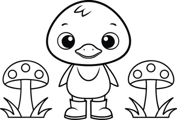 Cartoon Duckling Wearing Boots with Mushroom Outlines on Transparent Background