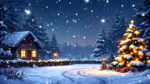 Snowfall on Sparkling Christmas Trees at Night
