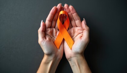 Hands cupping orange awareness ribbon. Symbol of support for multiple sclerosis, leukemia, kidney cancer. Represents advocacy, compassion, solidarity, hope, cure. Healthcare, medical concepts.