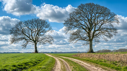 Obraz premium Two Trees By Country Road In Field