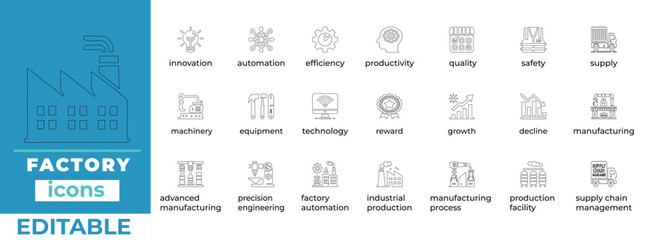 Factory outline icon set industrial vector collection for manufacturing, production, plant, and construction use
