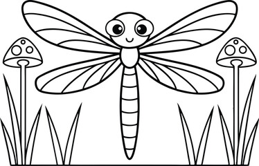 Outline Dragonfly with Mushrooms and Grasses on a Transparent Background