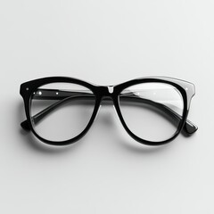 Black eyeglasses on a plain white surface