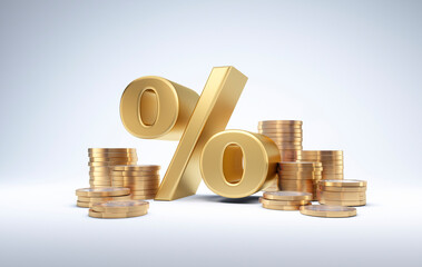Stack of  golden coins with golden percentage sign on top on white background - 3D illustration