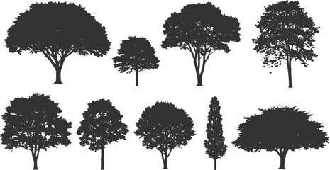vector set of trees shrubberies flowers, silhouettes