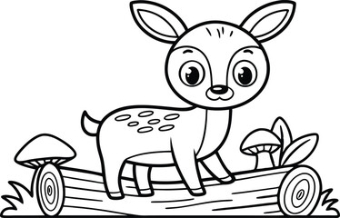 Cute Cartoon Fawn Standing on a Log with Mushrooms, Black and White Outline