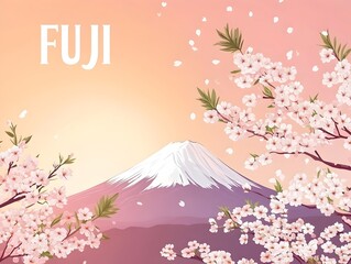Mount Fuji surrounded by cherry blossom trees during sunset with pink hues in the sky creating a tranquil atmosphere