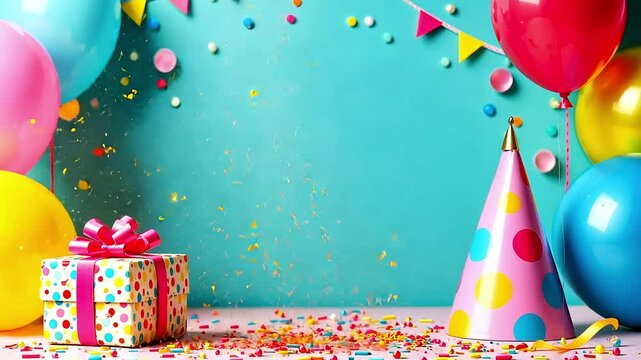 Happy birthday card with balloons, party decoration, celebration, invitation and festive background, greeting card