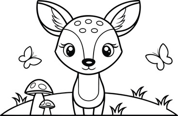 Cute Cartoon Fawn with Mushrooms and Butterflies Outline Black and White