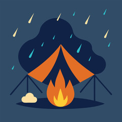 Campfire Camping Elements Vector Campfire under tarp shelter during rain, survival camping scene