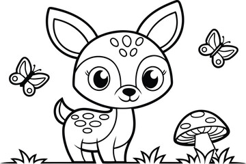 Cute Fawn with Butterflies and Mushroom Art Outline Design