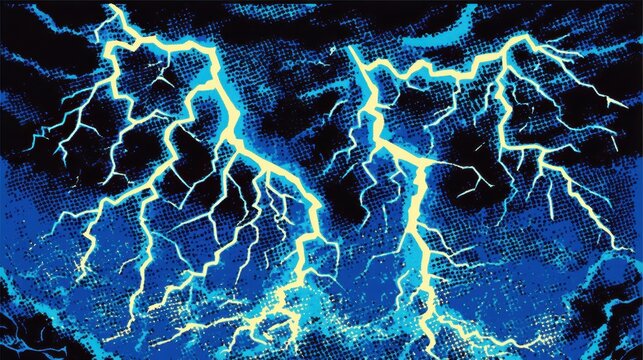 A dynamic stream of blue lightning strikes, rendered with a distinctive vintage comic book pattern.