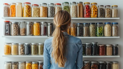 Person organizing pantry with food items, isolated on white background