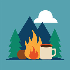 Campfire Camping Elements Vector Campfire with coffee mugs steaming nearby, morning in the wild