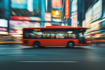 Obraz premium Red city bus in motion on busy urban street with blurred colorful lights and billboards at night