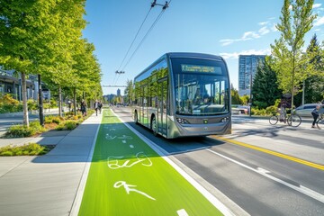 Obraz premium Modern electric city bus driving on sunny urban street with green bike lane and trees