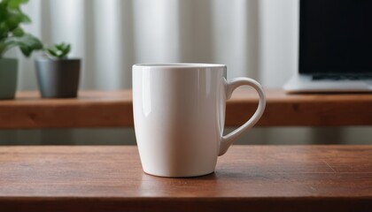 Fototapeta premium Simple White Ceramic Mug on Wooden Table, Cozy Home Office Setup, Warm Drink Concept
