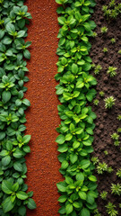 Multicolored raised garden beds with various plants and seeds, showcasing a diverse range of crops for permaculture practices.