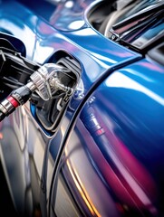 High-contrast View of Fuel Line Connected to a Sleek Sports Car in a Vibrant Urban Setting During Daylight