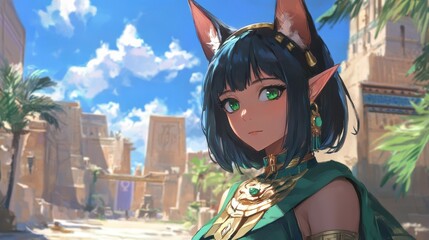 Fototapeta premium A fantasy anime girl is depicted as an Ancient Egyptian pointy-eared elf, blending traditional elven features with Egyptian aesthetics.