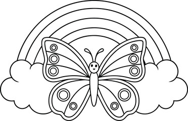 Cute Butterfly Black Outline with Rainbow and Cloud on White Background