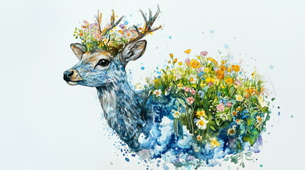 Earth as a gentle deer with flowers growing from its back, continents forming its fur, watercolor style