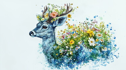 Earth as a gentle deer with flowers growing from its back, continents forming its fur, watercolor style