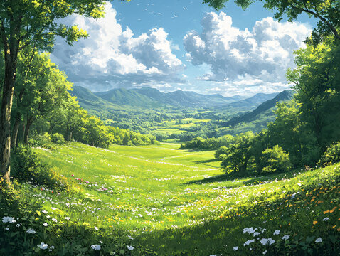 landscape with rolling hills, lush greenery, and a vibrant array of wildflowers in the foreground. The scene is illuminated by a warm, golden sunlight