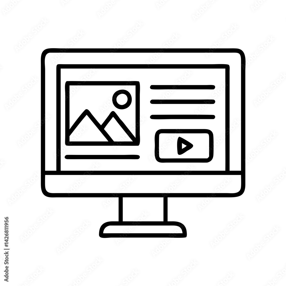 Poster Illustration of a computer monitor screen displaying website content with image and video player icon
