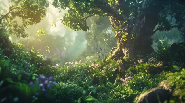 A fantasy forest plant anime background features an enchanting woodland scene filled with imaginative, otherworldly flora.