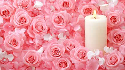 Lit candle amidst a bed of pink roses and white accents