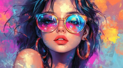 Obraz premium A fashionable anime girl idol is depicted in a digital painting style, showcasing her trendy glasses and chic outfit.