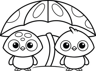 Outline of two chicks standing under dotted mushroom with transparent background