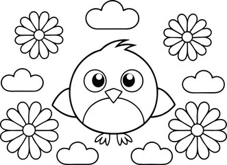 Bird, Flowers, and Clouds Outline Spring Black and White Sketch Isolated