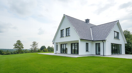 Obraz premium White House with Gray Roof and Green Lawn