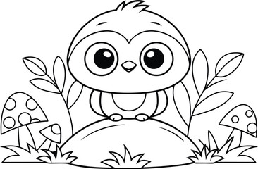 Cute outline owlet sitting on a hill among mushrooms and plants illustration