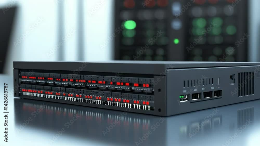 Fototapete server hardware: a sleek, modern server unit sits in a data center, its array of ports and lights hi