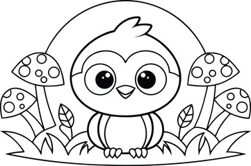 Cute Bird Line Art with Mushrooms and Grass in Black and White